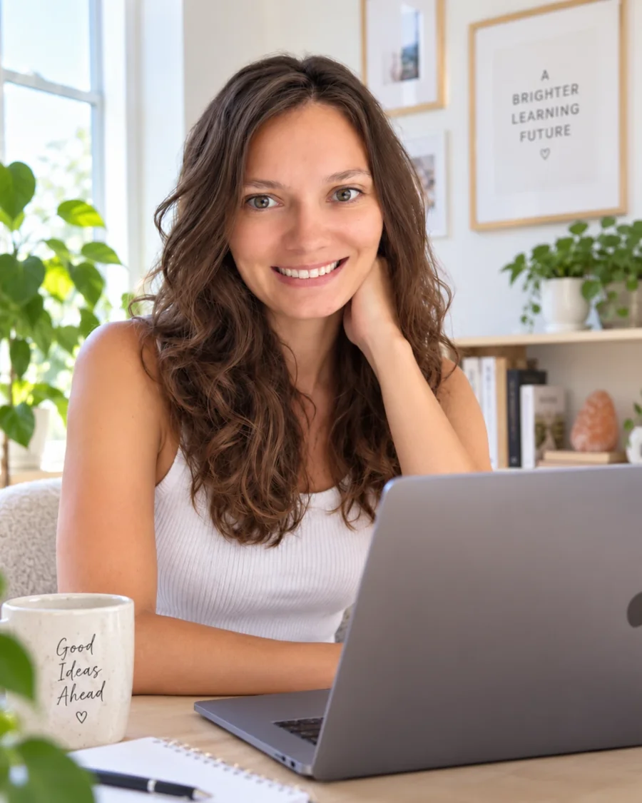 Talisa Chelick smiling at a desk with a laptop, a notebook and a mug reading Good Ideas Ahead, with plants and a print reading A Brighter Learning Future in the background.