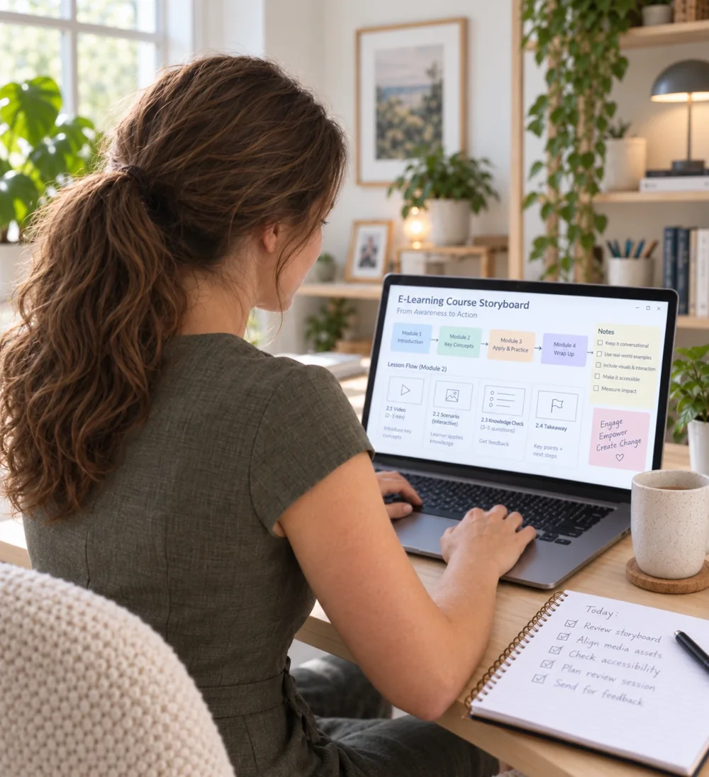 Talisa Chelick at a laptop reviewing an eLearning course storyboard, with a handwritten checklist beside it: review storyboard, align media assets, check accessibility, plan review session, send for feedback.
